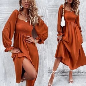 Elegant Rust Smocked Dress